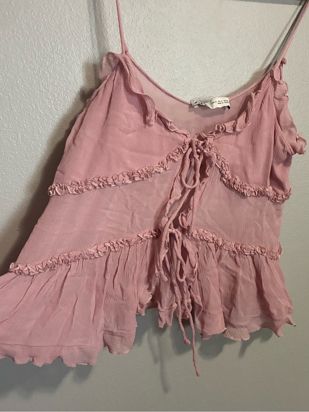 Zara Semi Sheer Ruffle Tie Front Tank Top Size Small Fairycore Coquette Y2K Pink - Picture 5 of 6